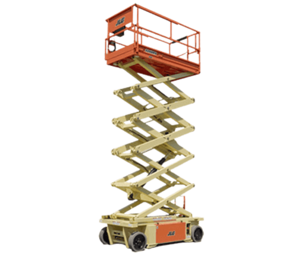 Stock image of an orange JLG scissor lift against a white background.